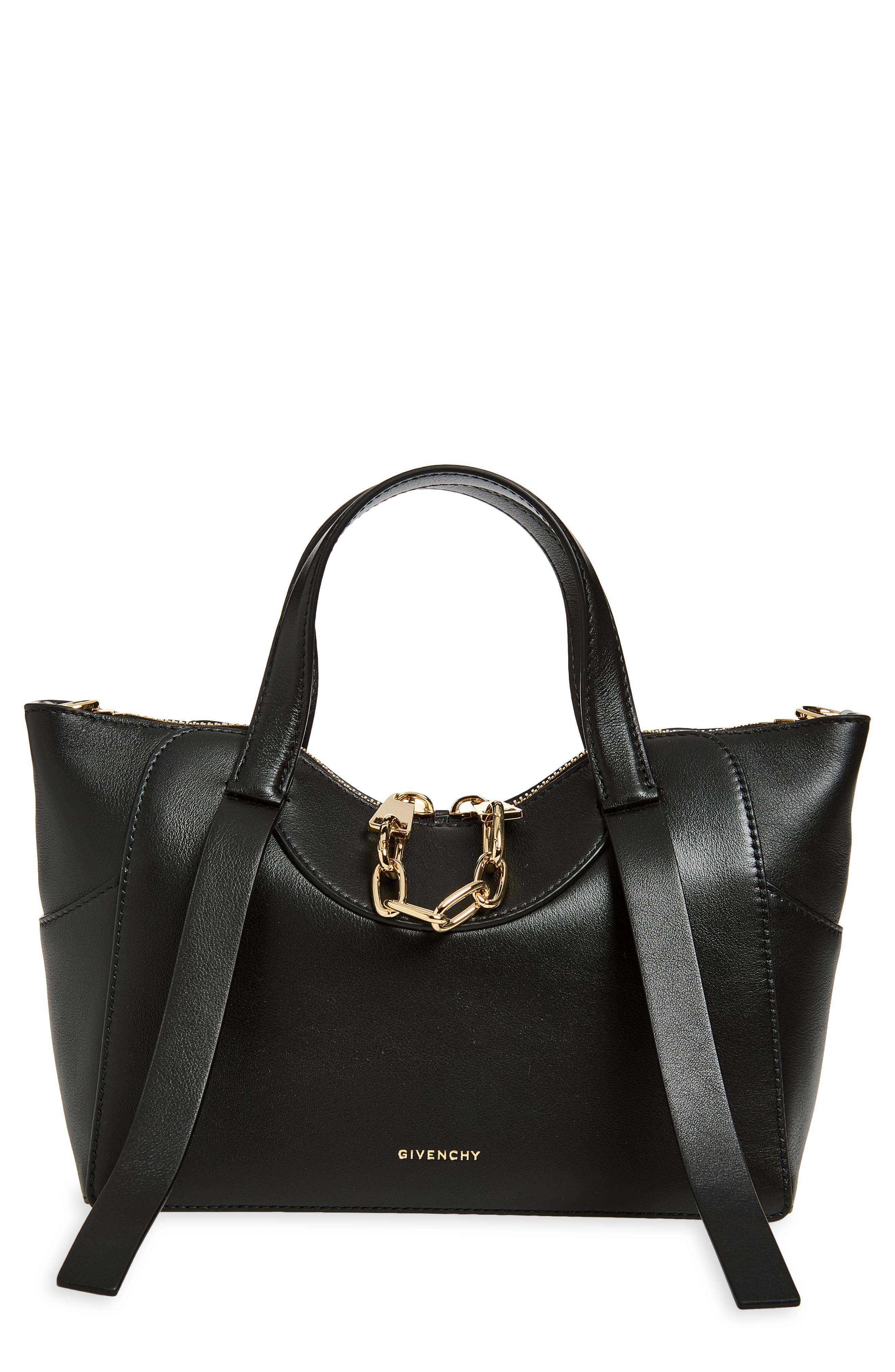 Small Snatch Leather Chain Zip Tote, Main, color, BLACK