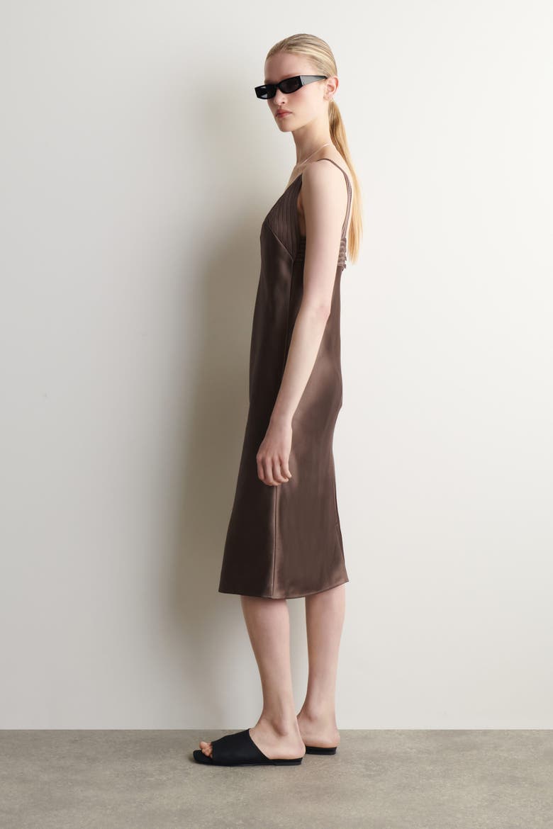 Open-stitch Satin Slip Dress, Alternate, color, BROWN