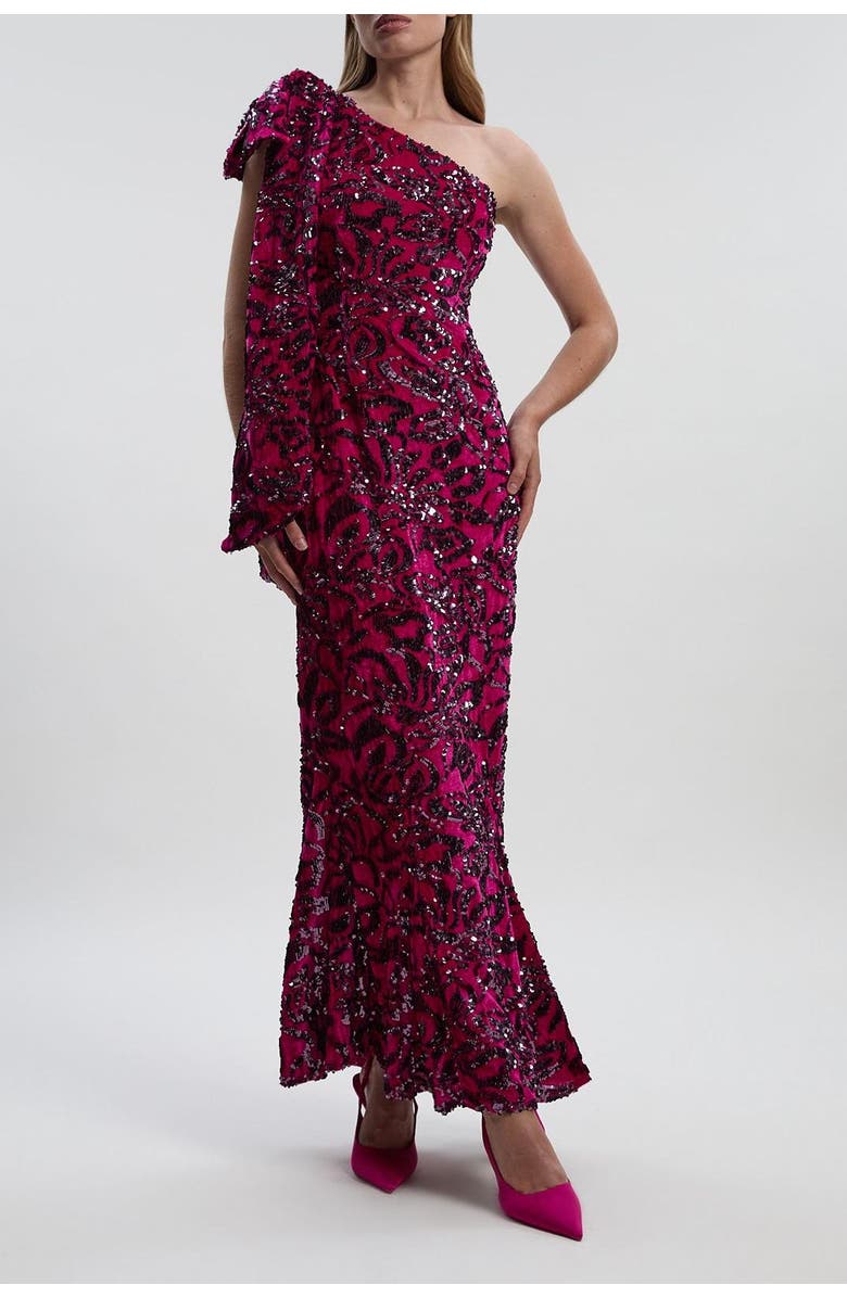 Karen Millen Velvet Sequin One Shoulder Maxi Dress, Alternate, color, Purple