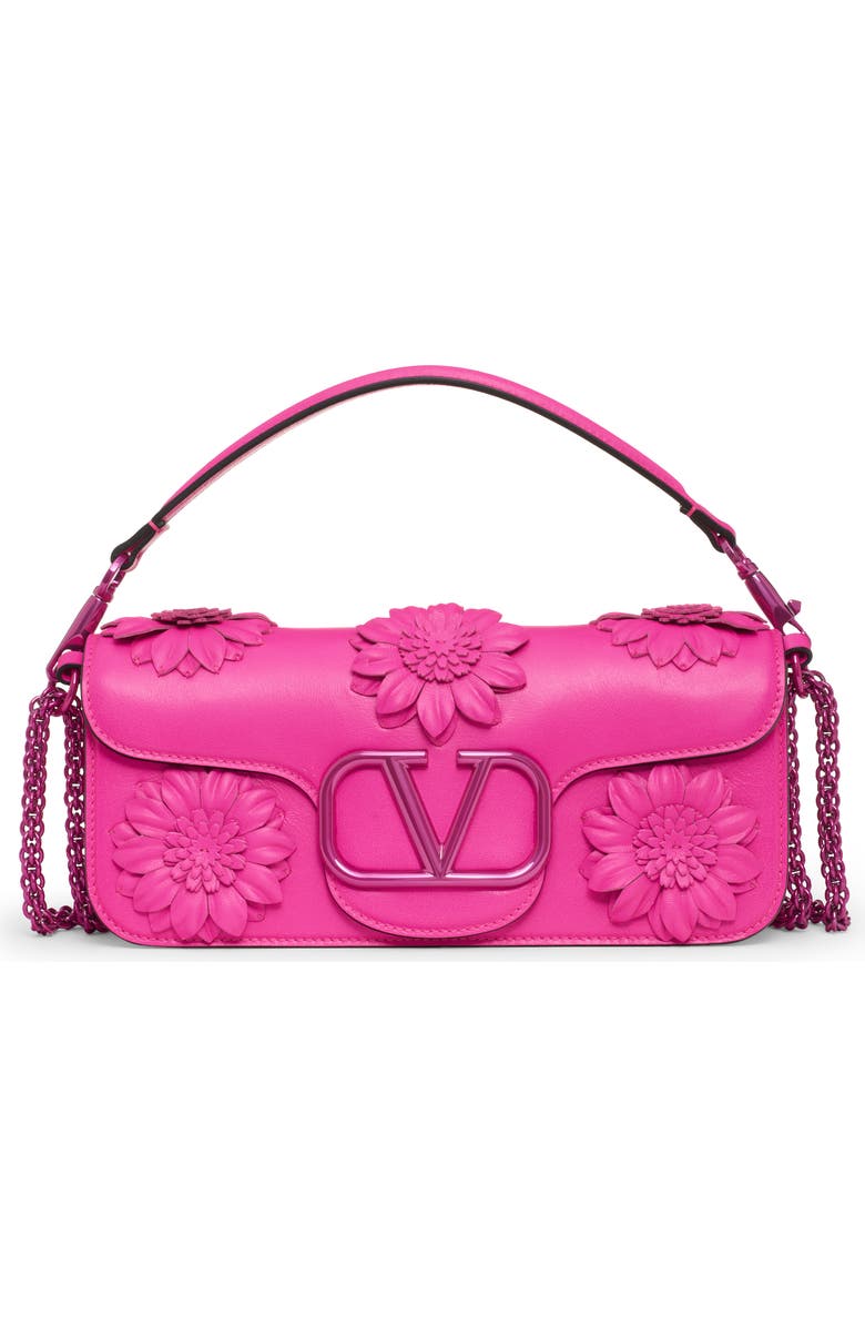 Valentino Garavani Locò Pink PP Floral Appliqué Leather Shoulder Bag, Main, color,