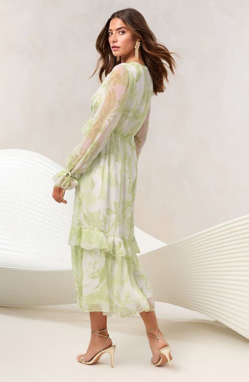Lipsy Long Sleeve Floral Print Chiffon Dress In Green