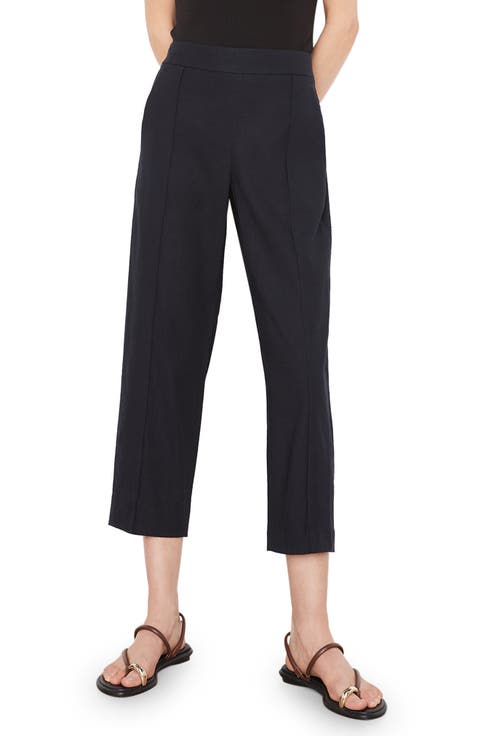 Pintuck Tapered Crop Linen Blend Trousers