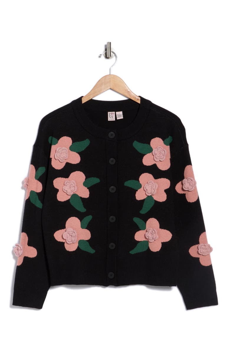 3D Peony Cardigan, Alternate, color, BLACK/ CORAL HAZE