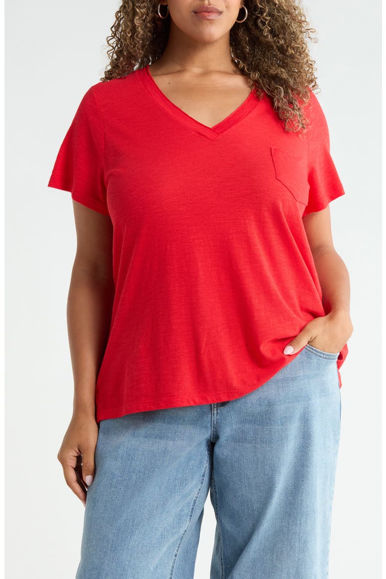 Short Sleeve Cotton & Modal V-Neck Pocket T-Shirt, Main, color, RED RADISH