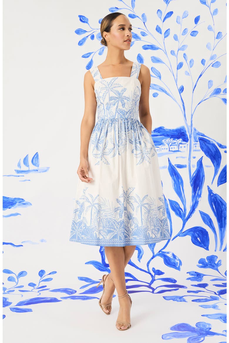Palm Print Stretch Cotton Dress, Alternate, color, BLUE/ WHITE