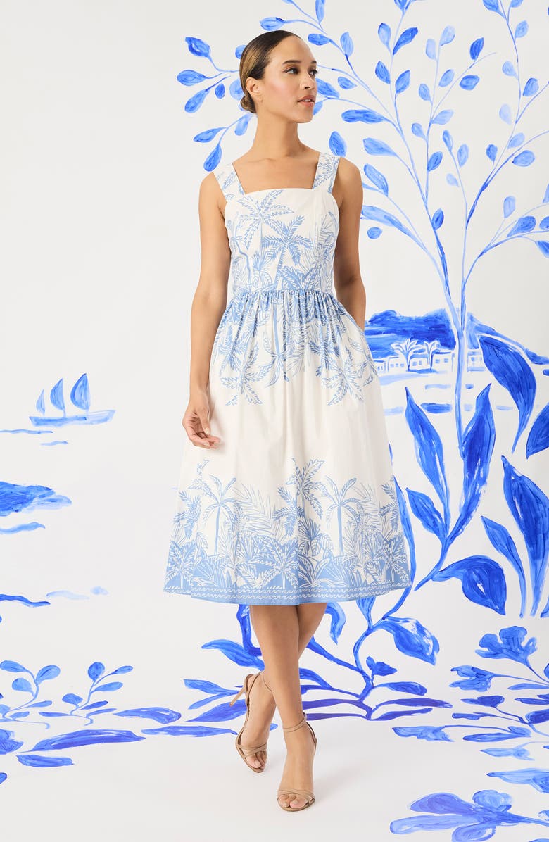 Maggy London Palm Print Stretch Cotton Dress, Alternate, color, Blue/ White