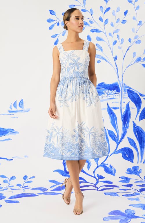 Maggy London Palm Print Stretch Cotton Dress In Blue/white