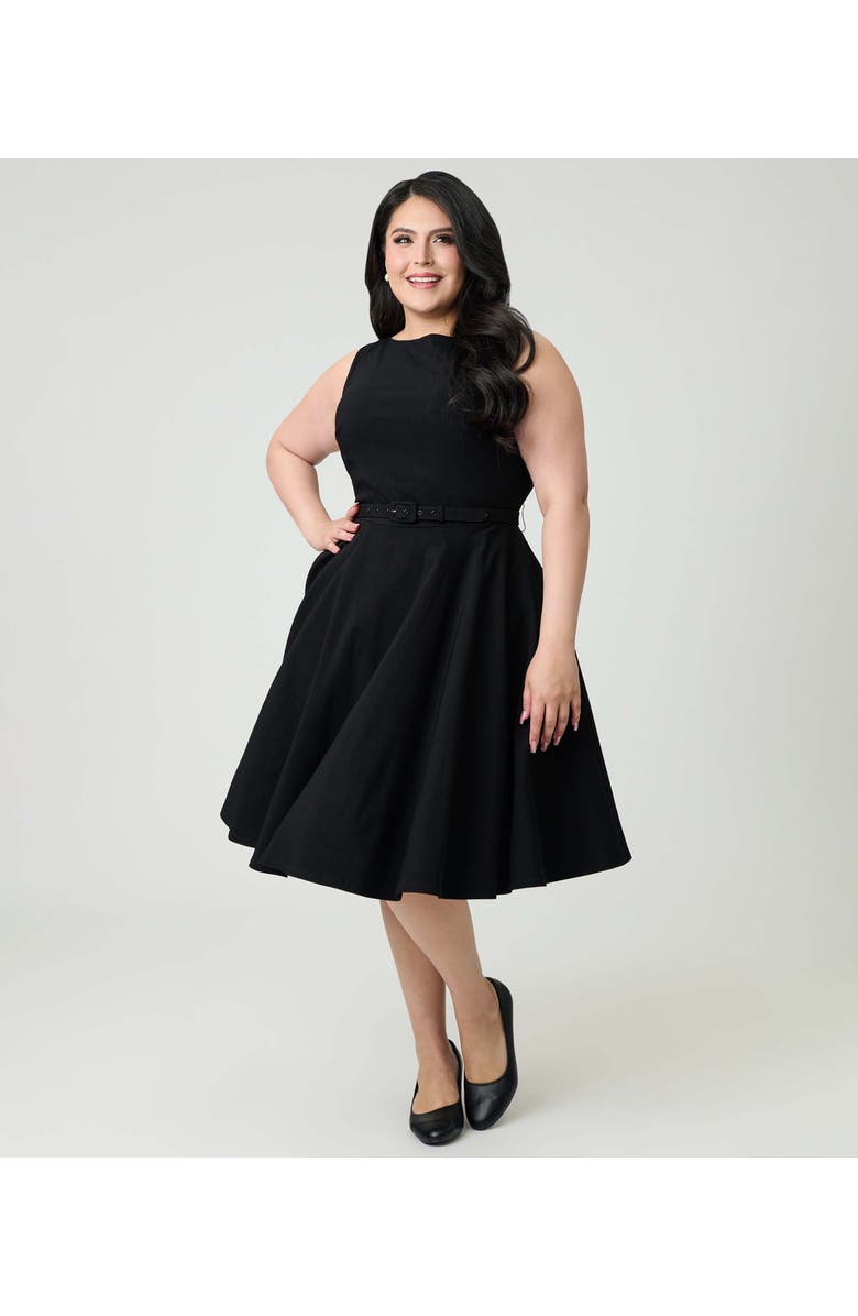 Unique Vintage Plus Size Long Sleeve Belted Devon Swing Dress, Main, color, Black Solid