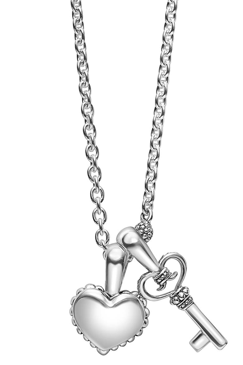 Kids' Kinder Key & Heart Charm Necklace, Main, color, SILVER