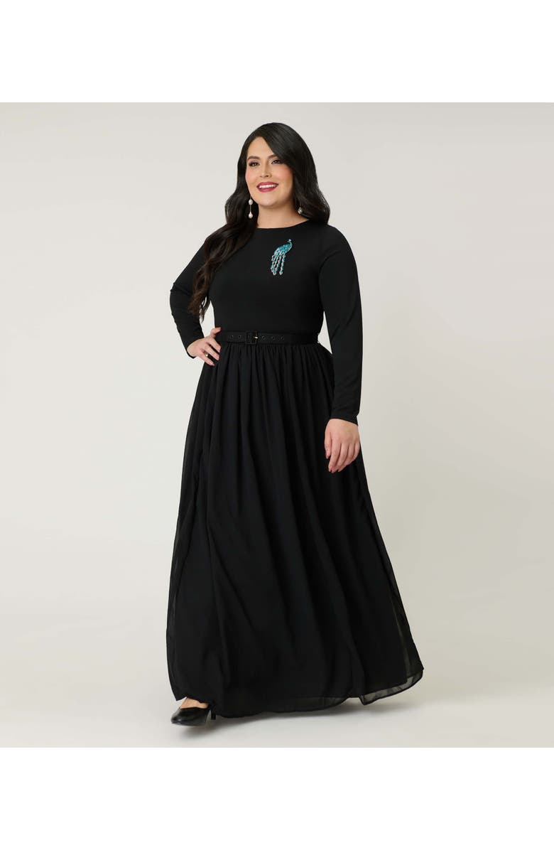 Unique Vintage Plus Size Brooch Maxi Dress, Alternate, color, Black W/Embellishment