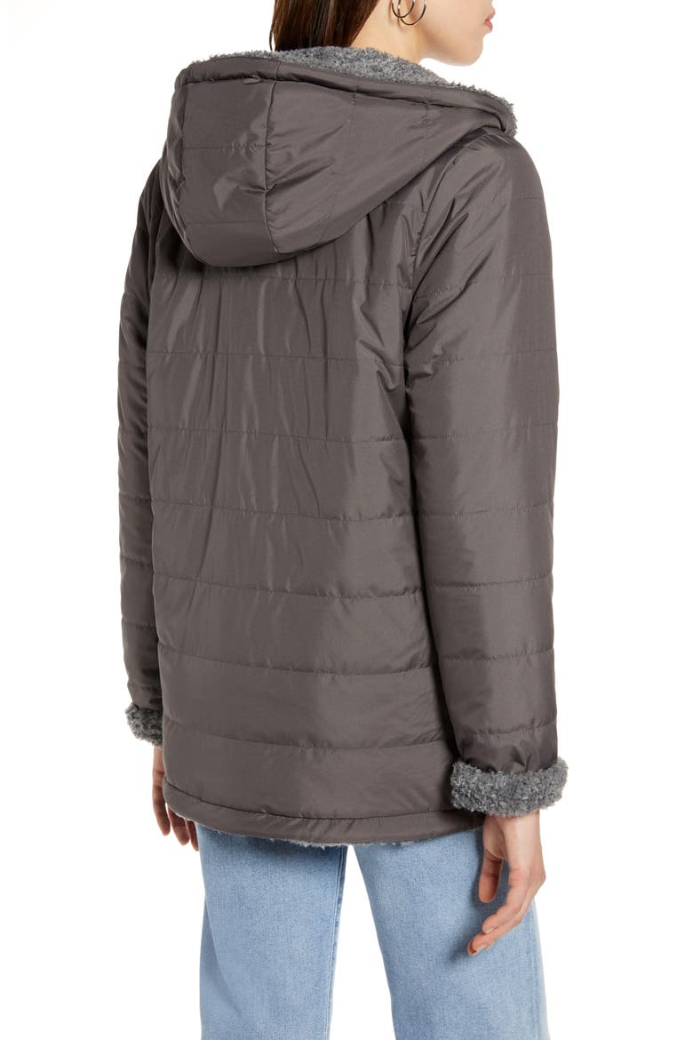 Reversible Faux Fur Hooded Coat, Alternate, color, GREY