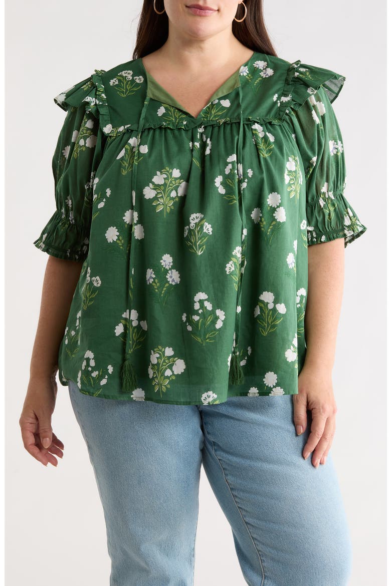 Kestrel Auria Floral Ruffle Puff Sleeve Cotton Top, Main, color, CREAM-GREEN