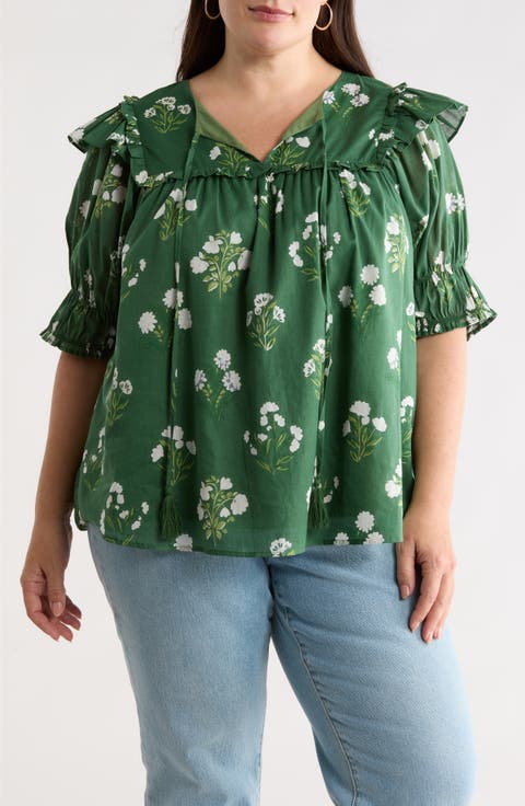 Kestrel Auria Floral Ruffle Puff Sleeve Cotton Top (Plus)