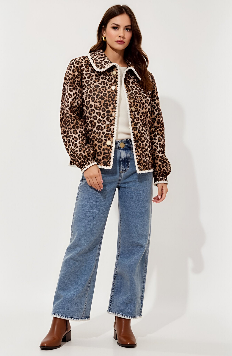 Modenaire Leopard Print Button-Front Contrast Trim and Collar Jacket, Alternate, color, Leopard Print