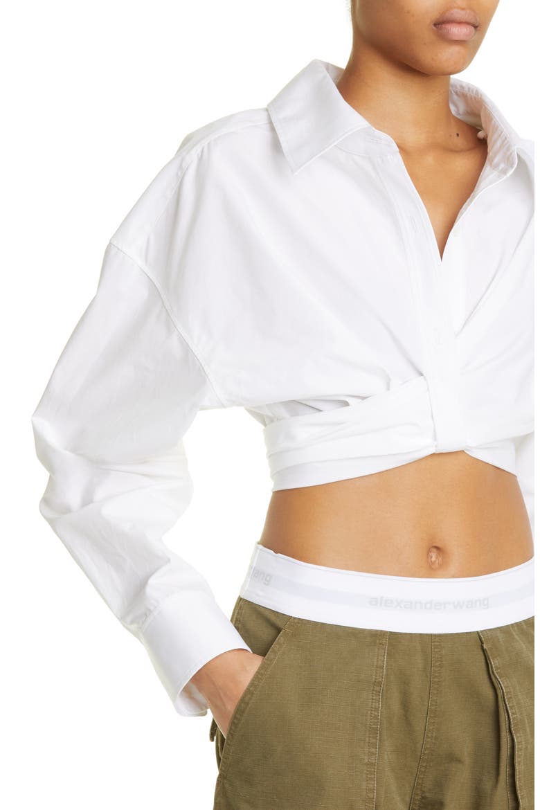 Placket Detail Crop Button-Up Shirt, Alternate, color, BRIGHT WHITE