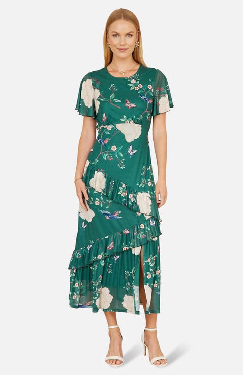 Mesh Bird And Floral Print Midi Dress