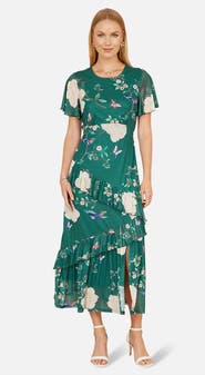 Yumi Mesh Bird And Floral Print Midi Dress