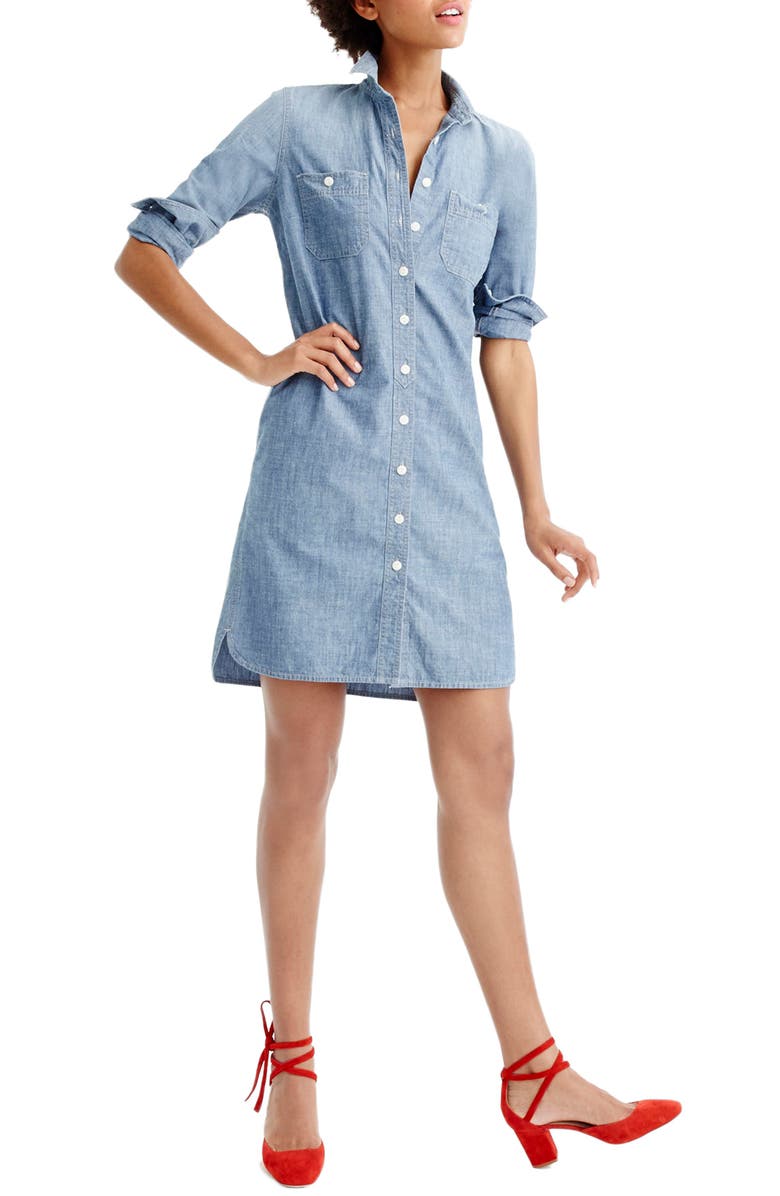 J.Crew Long Sleeve Chambray Shirtdress, Main, color, 