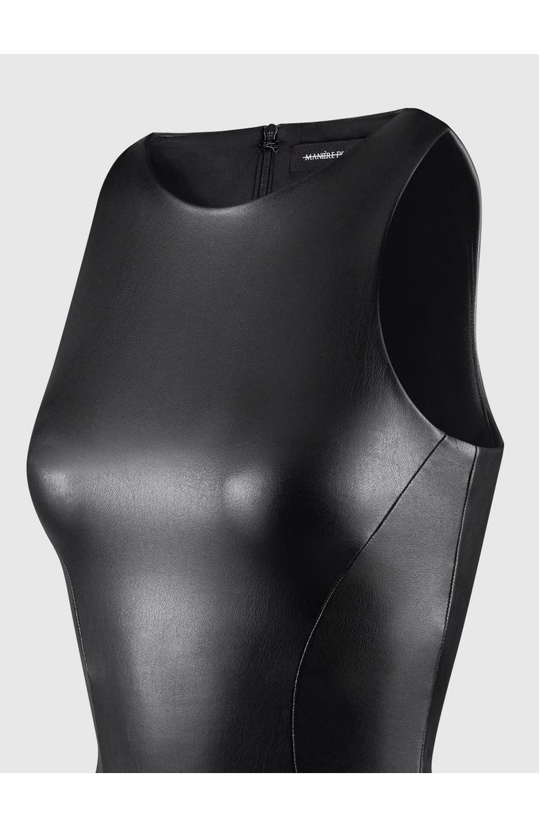 Manière De Voir Josie Leather Racer Neck Bodysuit, Alternate, color, Black