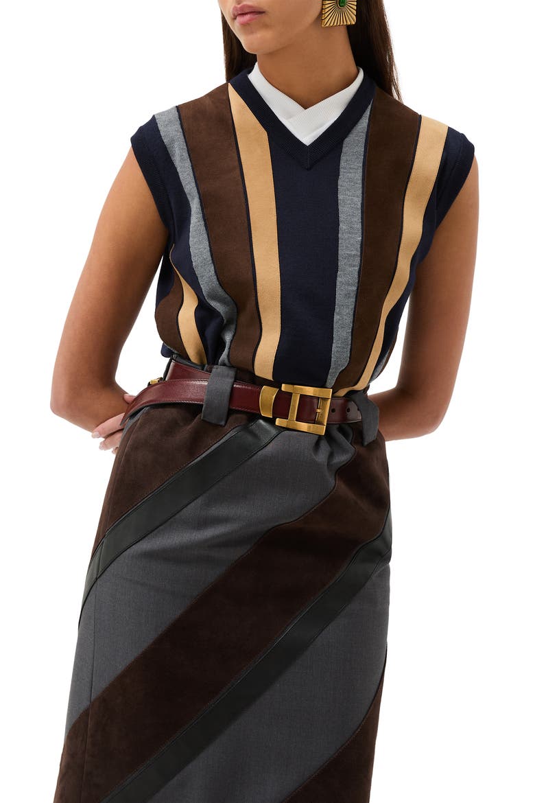 Gender Inclusive Mixed Media Patchwork Sweater Vest, Main, color, NAVY