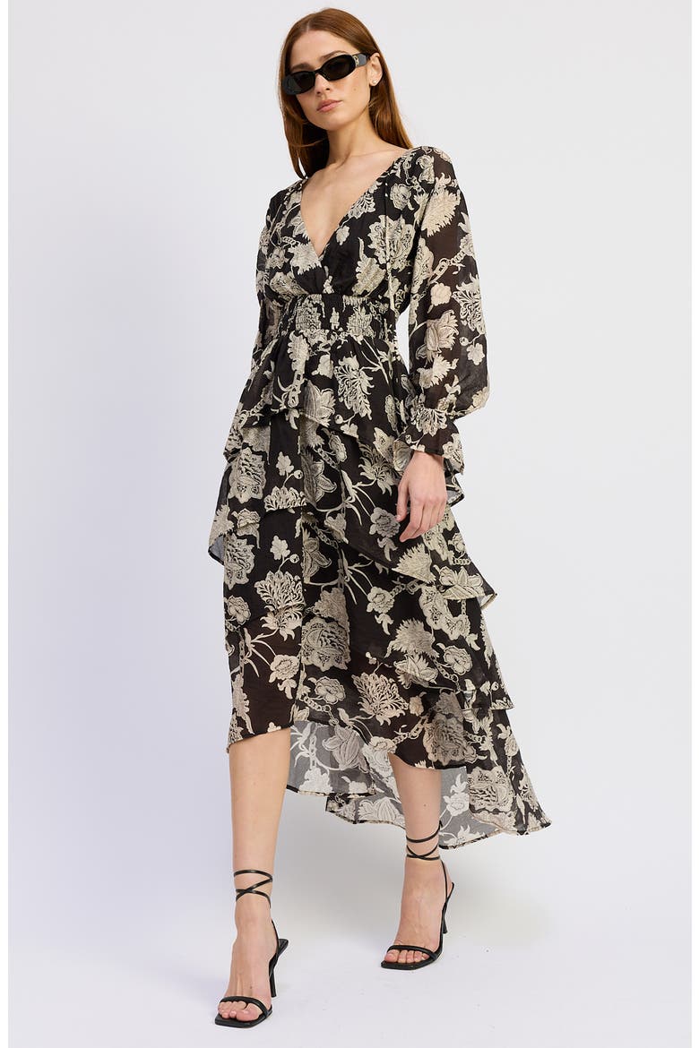 Elisabet Ruffle Long Sleeve High-Low Maxi Dress, Alternate, color, BLACK/ IVORY