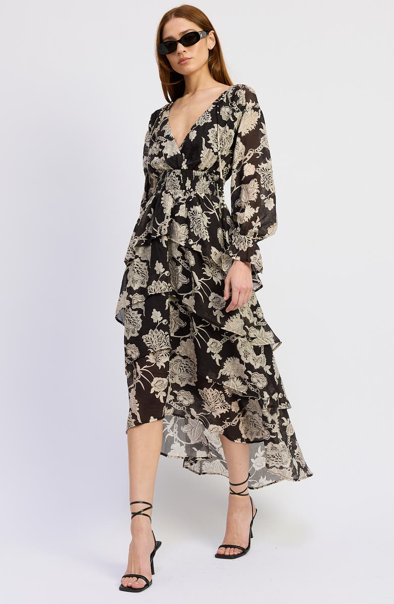 En Saison Elisabet Ruffle Long Sleeve High-Low Maxi Dress, Alternate, color, Black/ Ivory