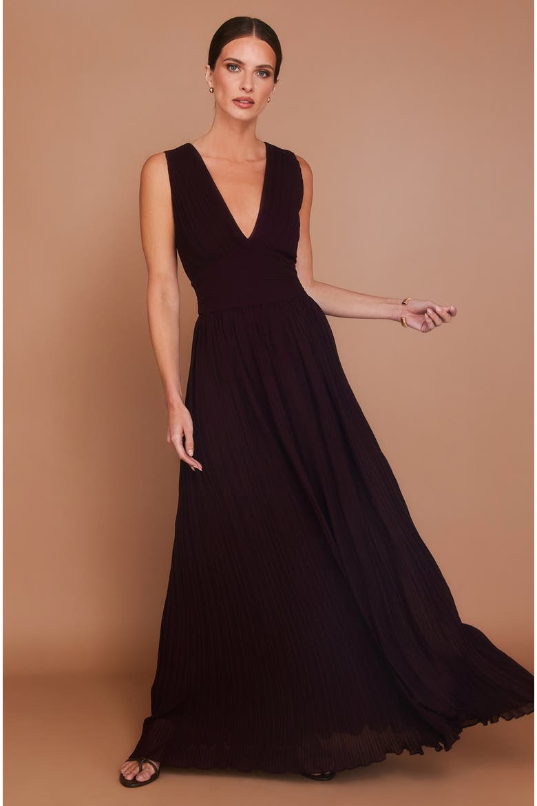 Pleated Plunge Maxi Dress, Alternate, color, Wine