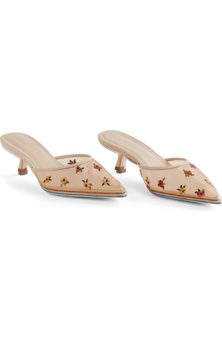 Reformation Wilda Pointed Toe Kitten Mule, Main, color, Embroidered Nude Mesh