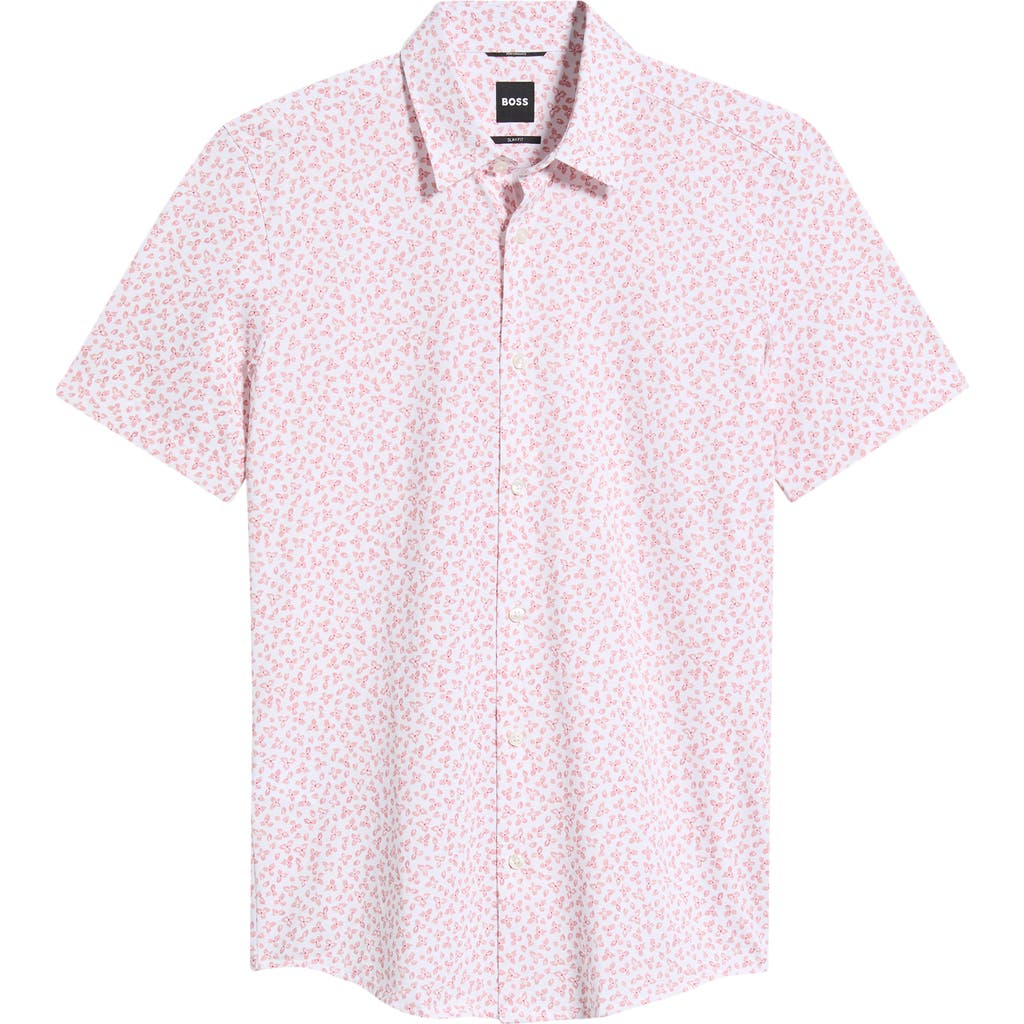 Hugo Boss Boss Roan Print Button-up Cotton Blend Shirt In Pink