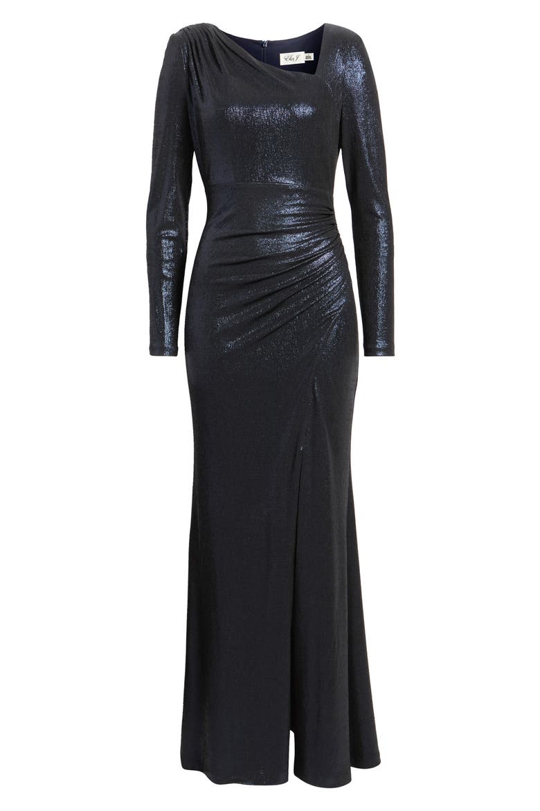 Ruched Metallic Long Sleeve Gown, Alternate, color, NAVY