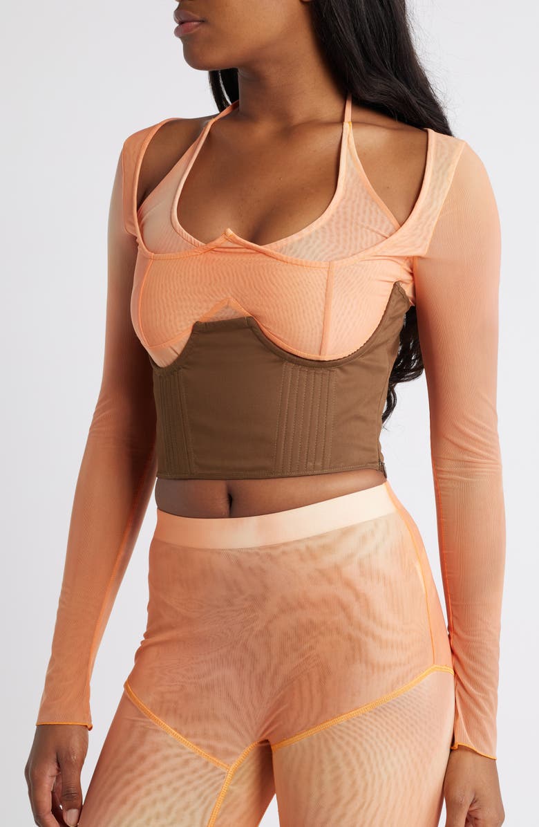 Mistress Rocks Mesh Top & Lace-Up Corset Set, Alternate, color, Orange Ombre
