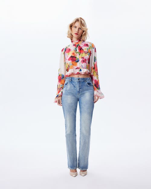 Theo The Label Theia Orchid Print Ruffle Blouse In Mandarine Flower