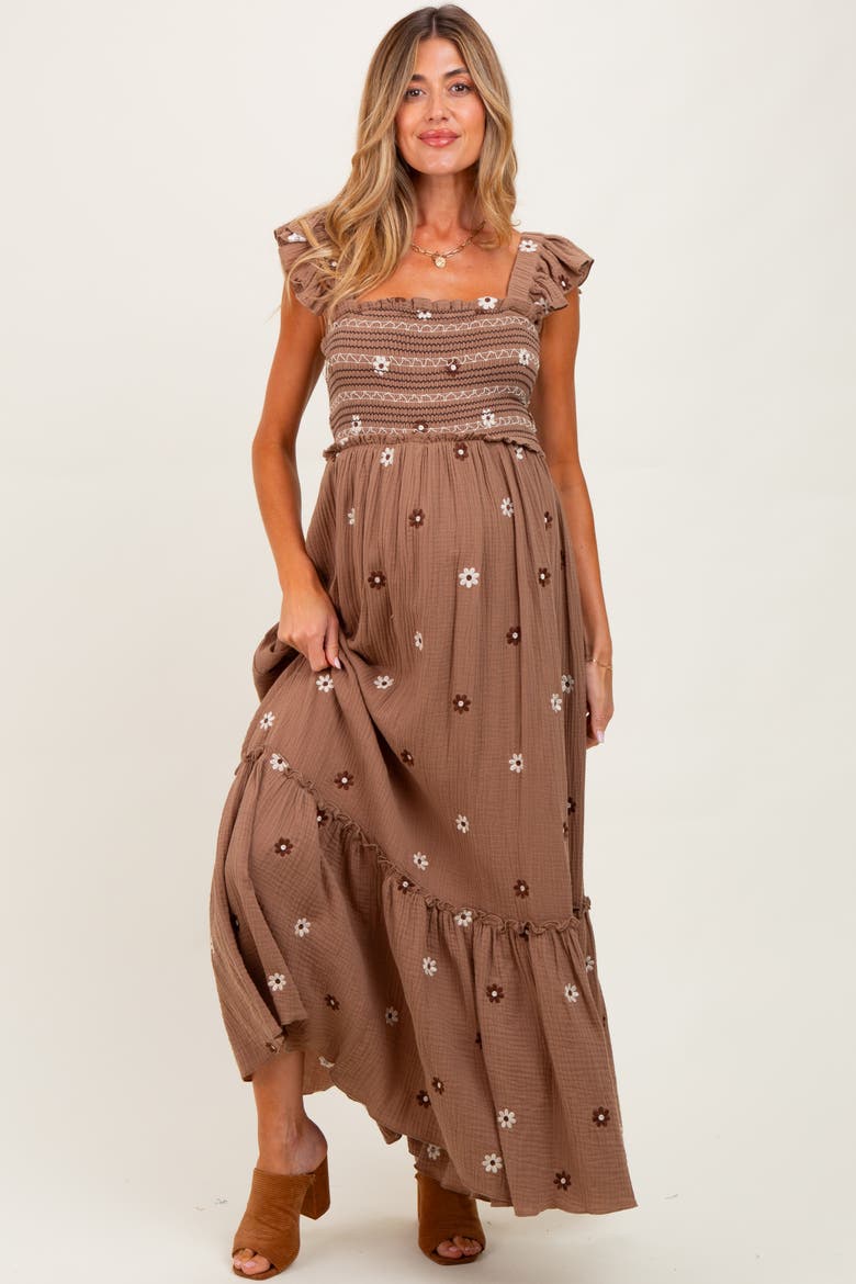 Floral Embroidered Smocked Maxi Dress, Main, color, Mocha