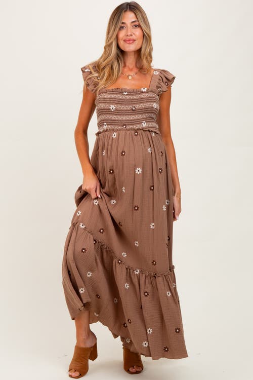 Pinkblush Floral Embroidered Smocked Maxi Dress In Brown