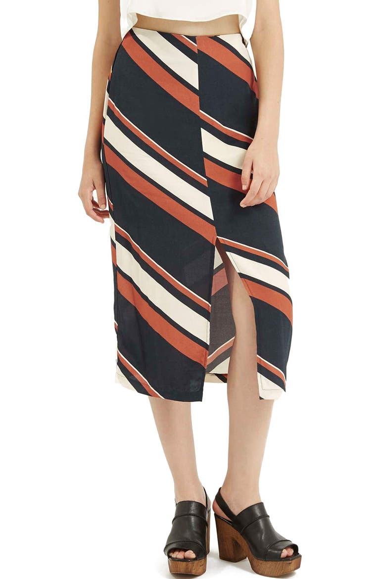 Split Stripe Midi Skirt, Main, color, RUST MULTI