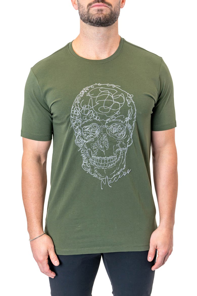 Screbbleskull Armygreen Embroidered Skull Stretch Cotton T-Shirt, Main, color, GREEN