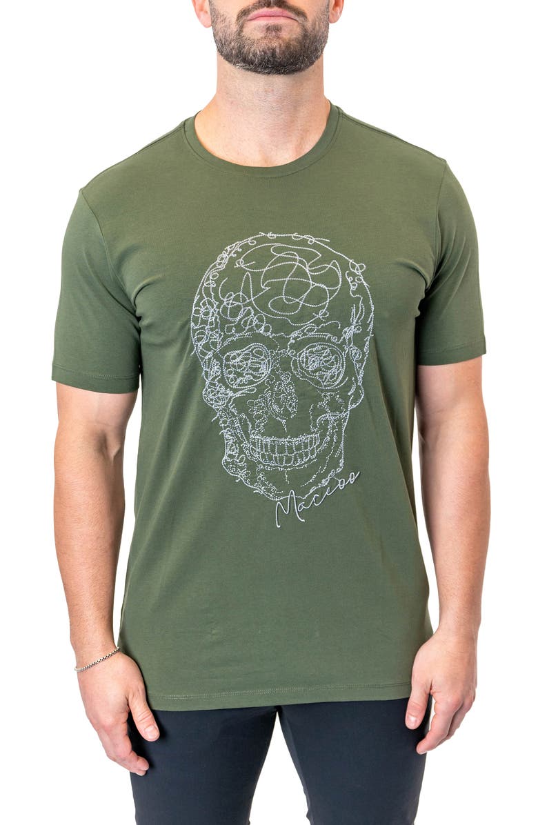Maceoo Screbbleskull Armygreen Embroidered Skull Stretch Cotton T-Shirt, Main, color, Green