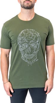 Maceoo Screbbleskull Armygreen Embroidered Skull Stretch Cotton T-Shirt