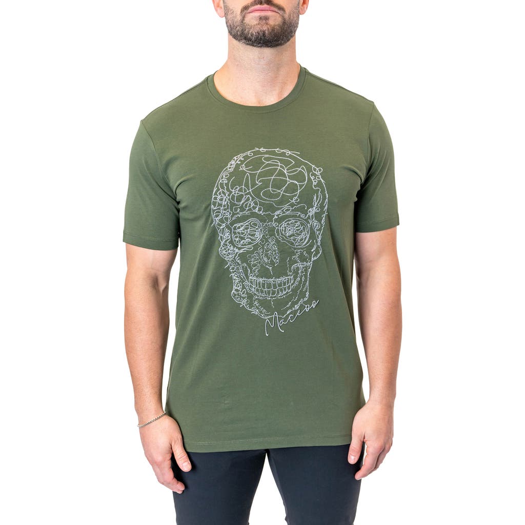 Maceoo Screbbleskull Armygreen Embroidered Skull Stretch Cotton T-shirt In Green