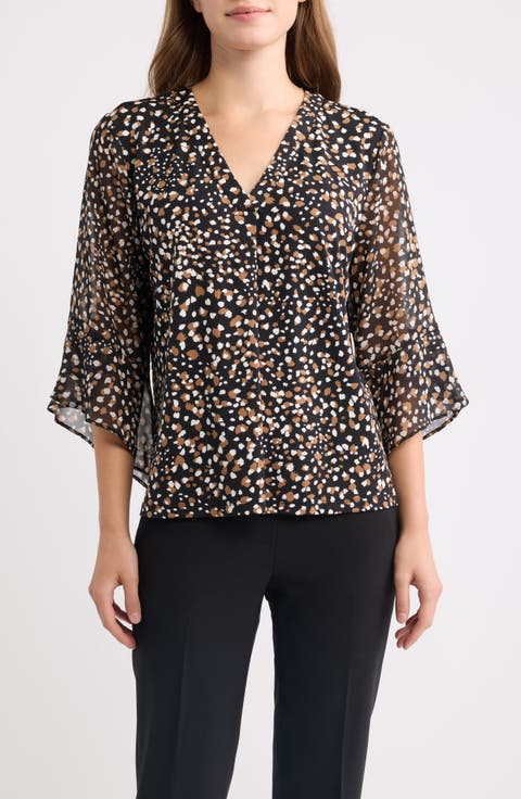 Print Mixed Media Split Neck Top
