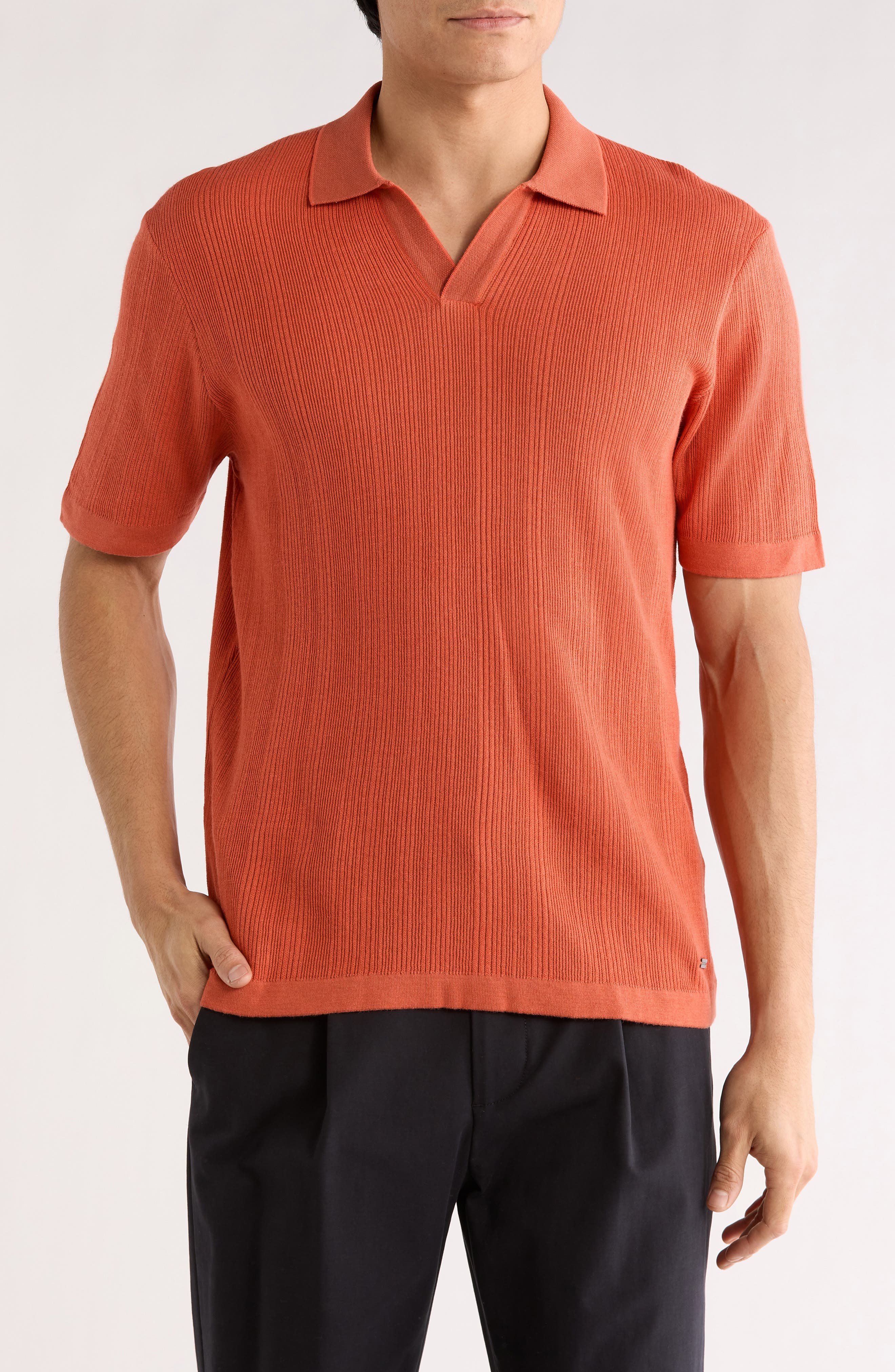 Bugatchi Johnny Collar Ribbed Cotton & Silk Polo Sweater