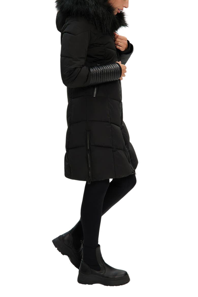 Priya Water Resistant Mixed Media Parka with Faux Fur Trim, Alternate, color, BLACK