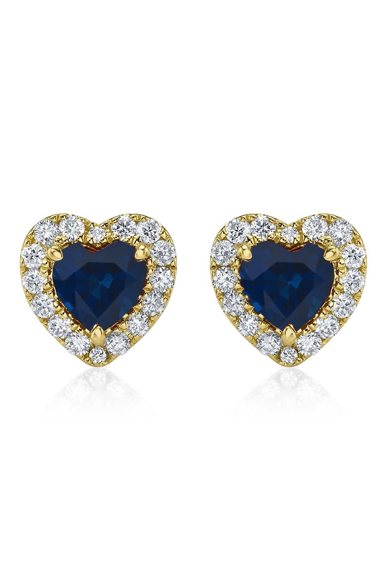 Heart Lab Blue Sapphire & Round Diamond Halo Stud Earrings 14K 0.68ct, Main, color, Sapphire/Yellow Gold