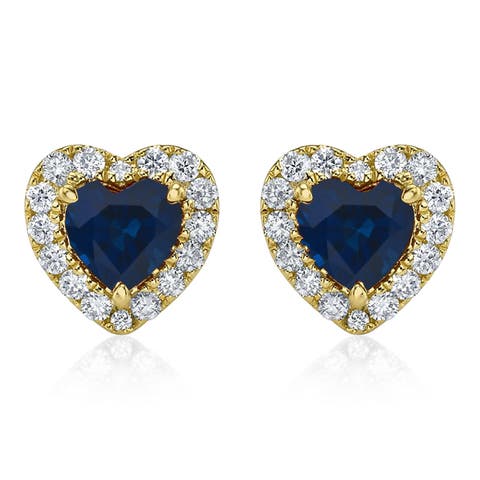 Heart Lab Blue Sapphire & Round Diamond Halo Stud Earrings 14K 0.68ct