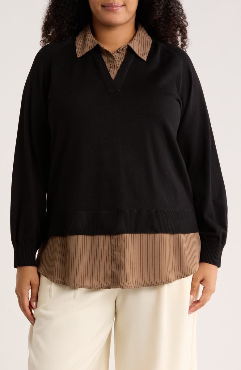 Adrianna Papell V-Neck Twofer Sweater, Main, color, Black/ Mocha Petite Stripe