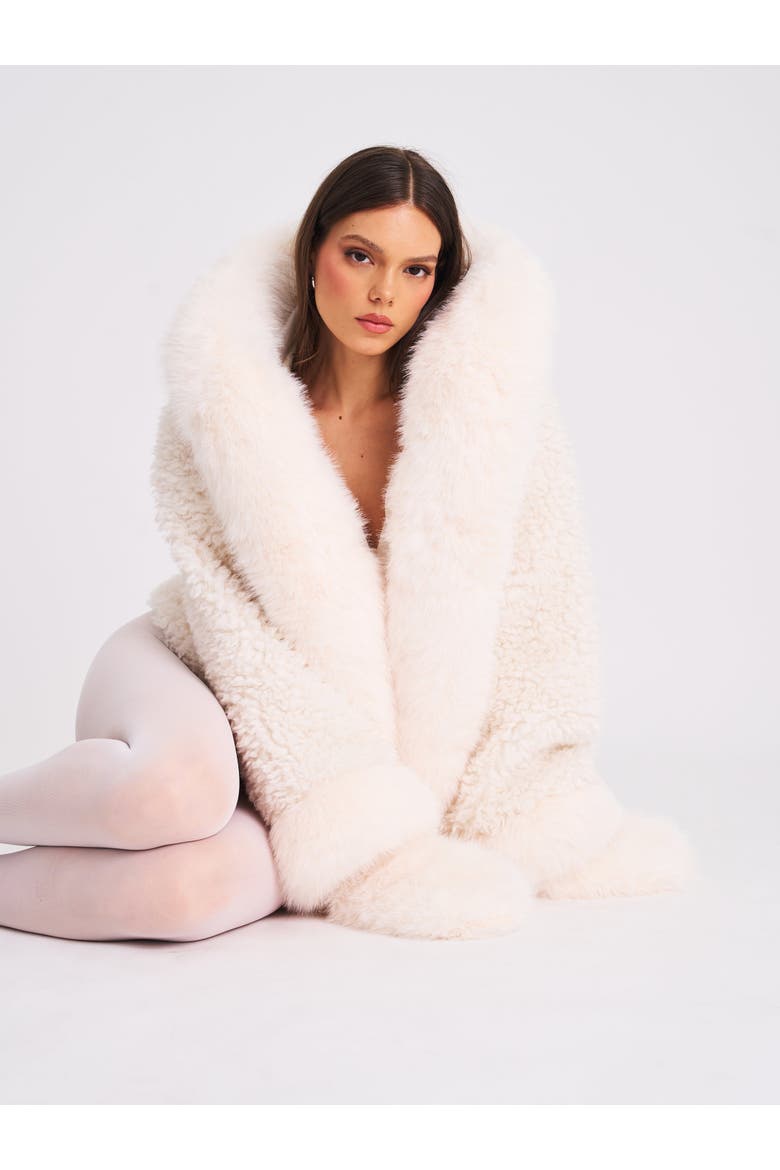 Jumbo Kali Vegan Shearling Fur Trimmed Coat, Alternate, color, White