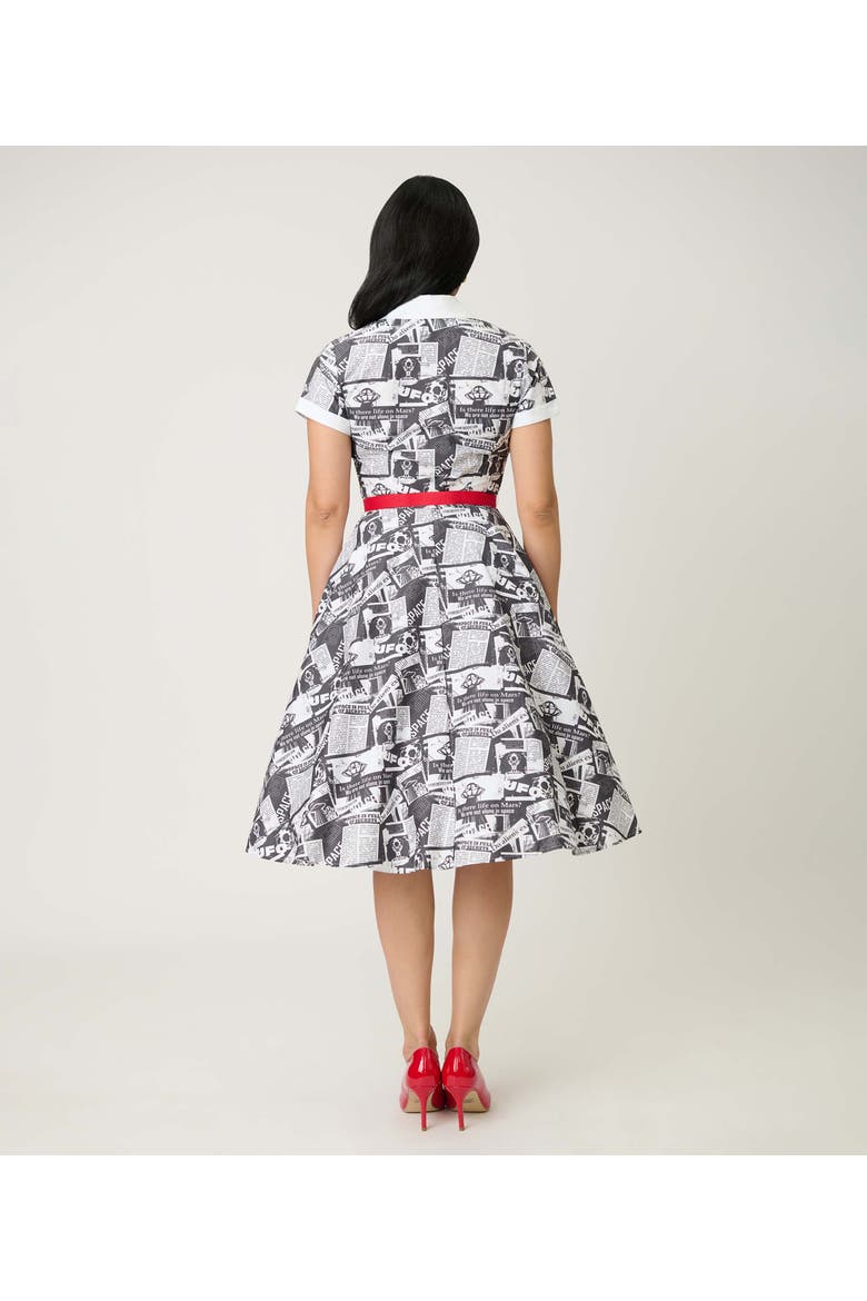 Collared Short Sleeved Belted Alexis Swing Dress, Alternate, color, Black & White Newspaper Print
