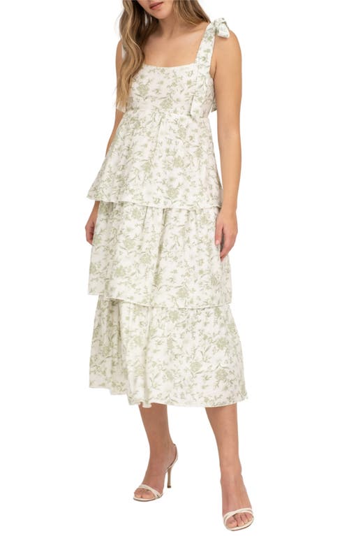 August Sky Floral Empire Waist Tiered Midi Dress In Sage Multi