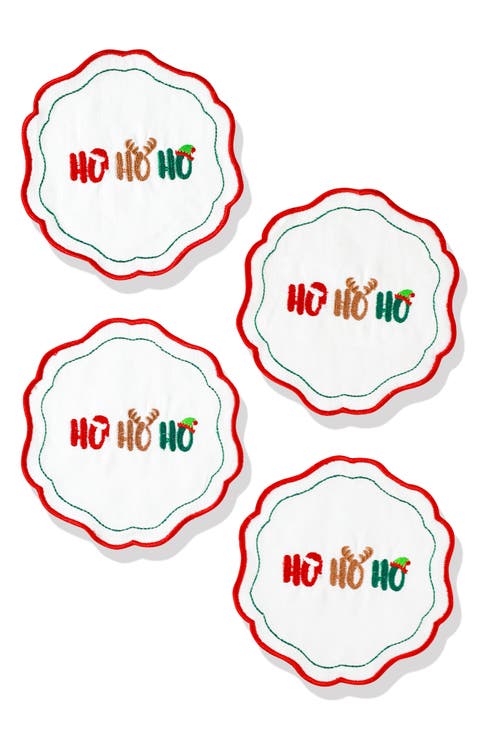 Set of 4 Embroidered Ho Ho Ho Linen Cocktail Napkins