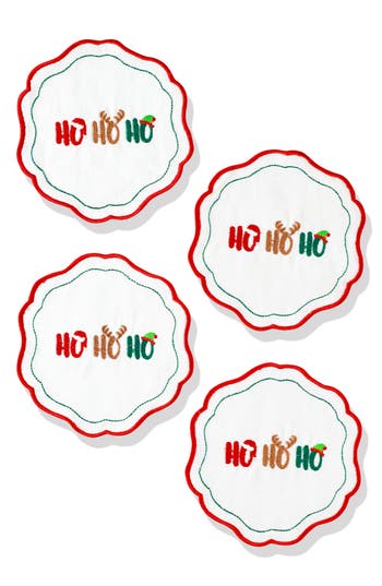 Tiramisu Set Of 4 Embroidered Ho Ho Ho Linen Cocktail Napkins In Multi